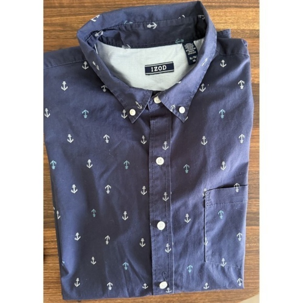 Izod Short Sleeve Button-Down Shirt Men's Size XL‎ Blue with White Anchors